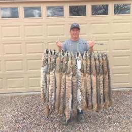 A man holding up a bunch of bobcats in front of a home garage.
